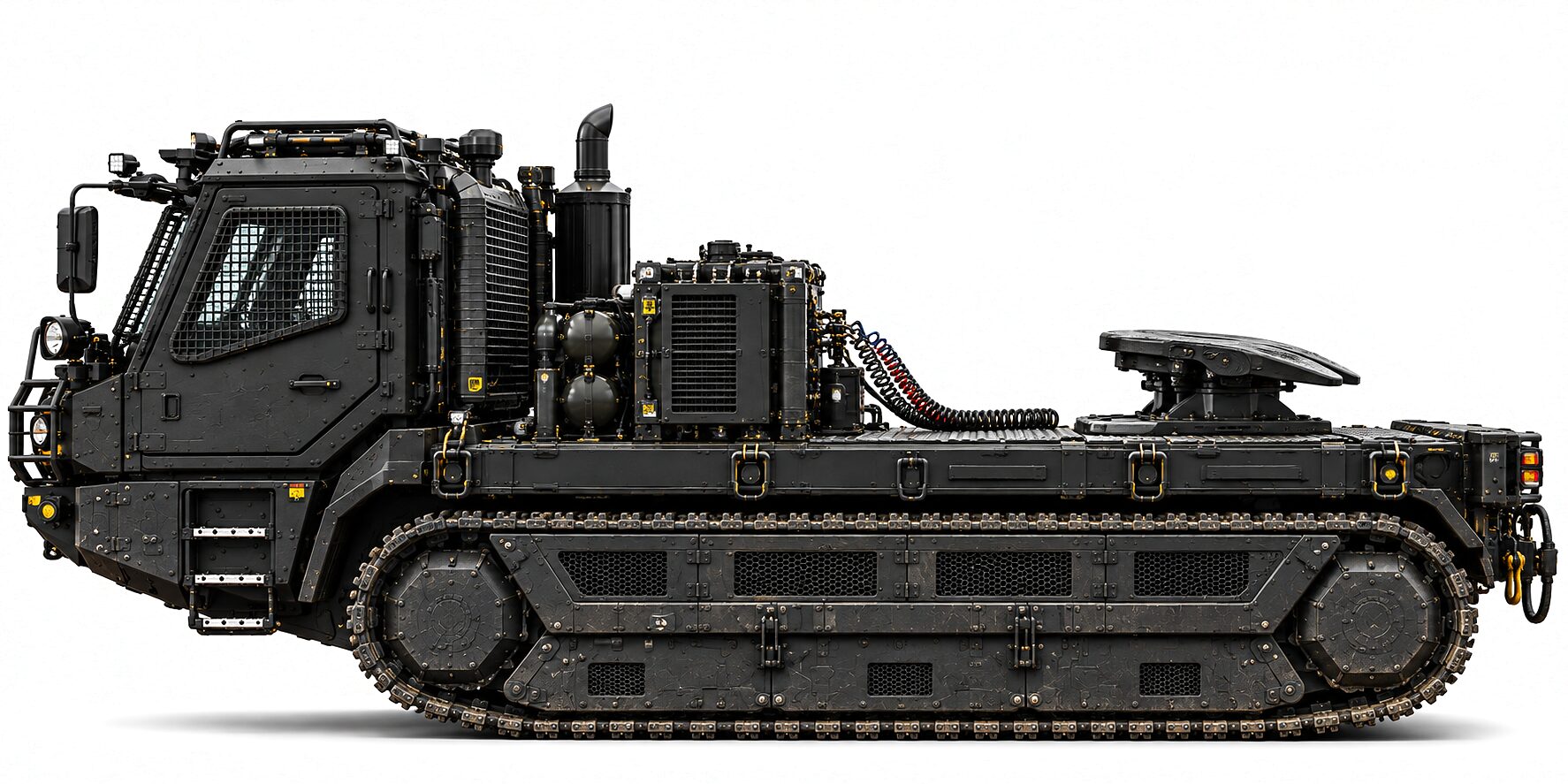 The tracked tractor from the left with nothing coupled to it: the cab forward, the power module standing above the frame line behind it, and a fifth-wheel coupling plate on a raised mount at the tail.