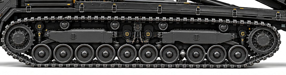 One complete running-gear cartridge in profile: the front idler, the road-wheel train, the carrier rollers above them and the drive at the rear, with the machined flank of the tub and the deck rail and its tie-down fittings above it.