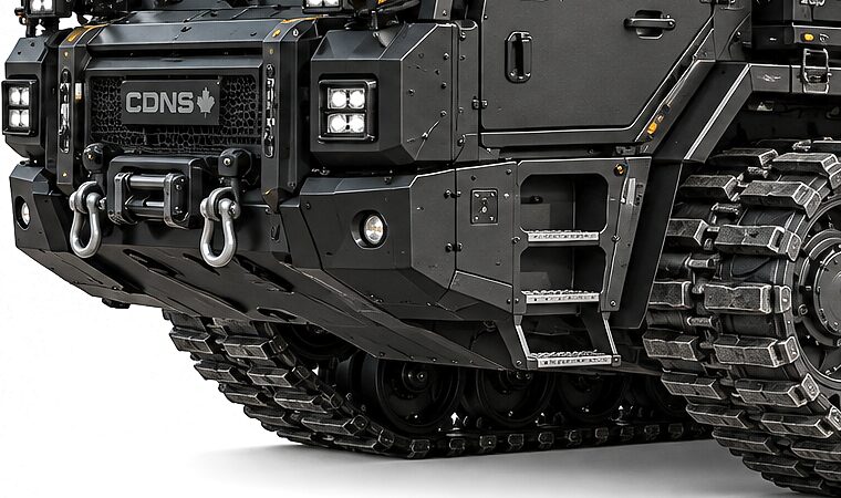The front plate of the carrier: a winch between two recovery shackles on the bumper, work lights above, the belly plate and the front of each track below.