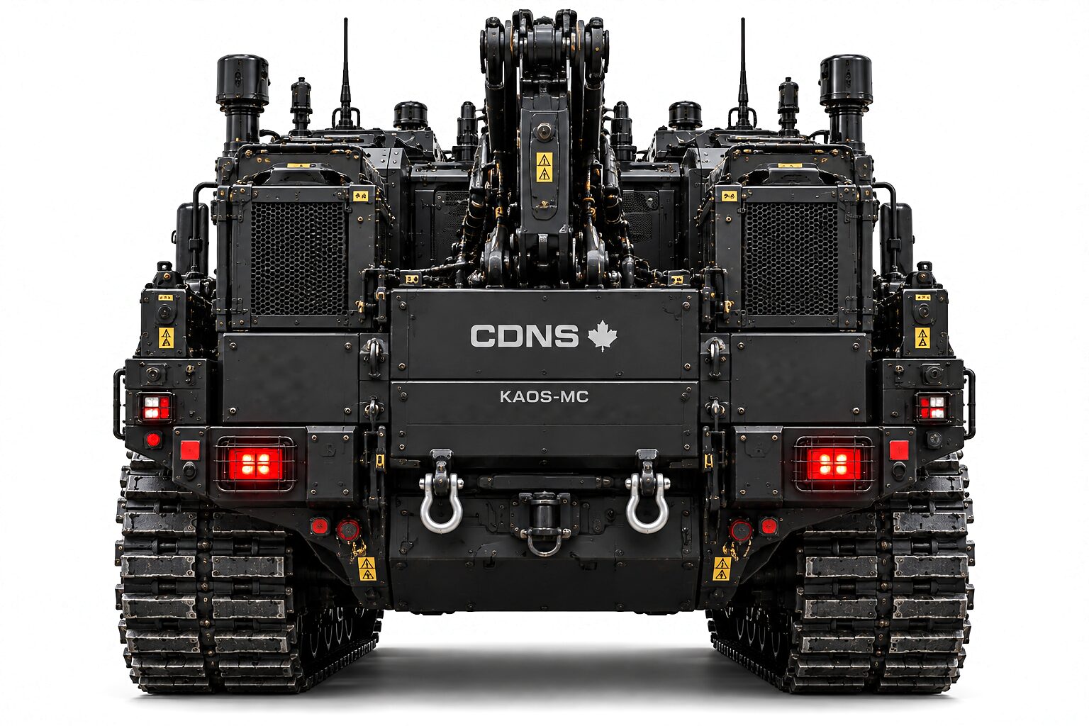 The clearance machine from directly behind on a white ground: a crane folded upright between two equipment boxes, sensor pods and two whip antennas on the roof, caged red tail lamps, and two tow shackles on the rear plate beneath the CDNS mark and the KAOS-MC designation.