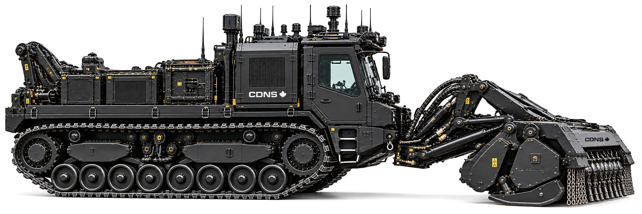 The clearance machine in side elevation, facing the other way: the flail head lowered to the ground on extended hydraulic arms at the front, the glazed cab with a row of antennas and sensor pods on its roof behind it, and a long equipment deck running aft to a folded crane at the tail.