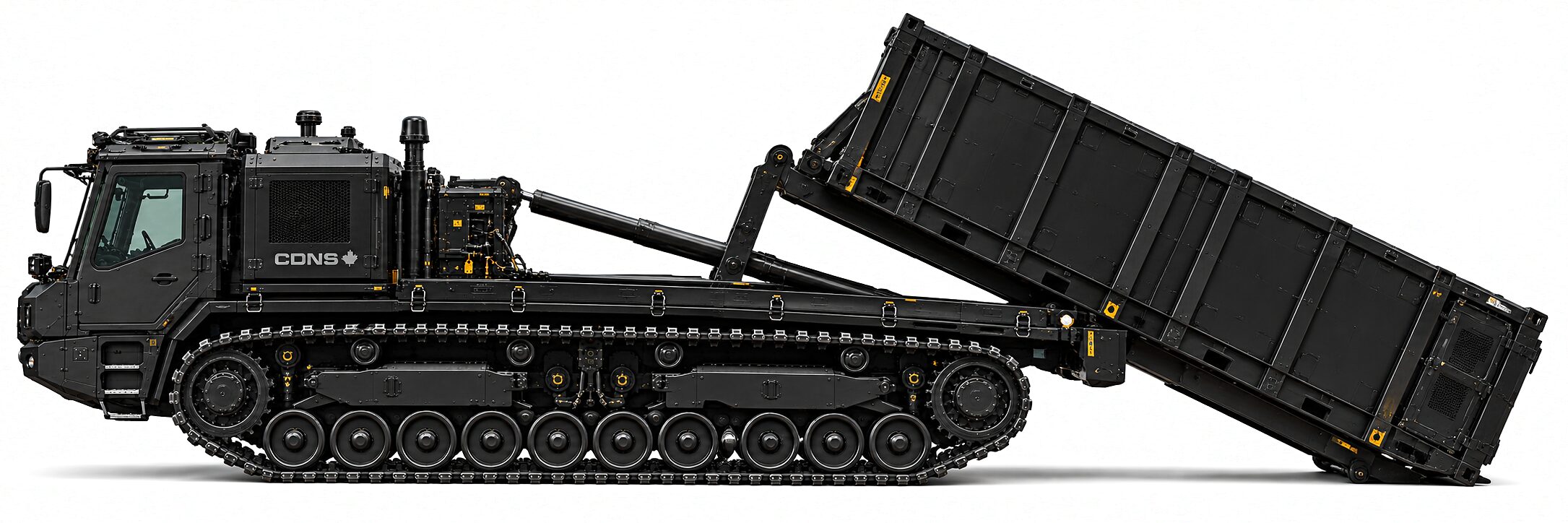 The same machine from the same side: the lift arm extended, the deck tilted rearward to the ground, an unmarked module part way down the rails.