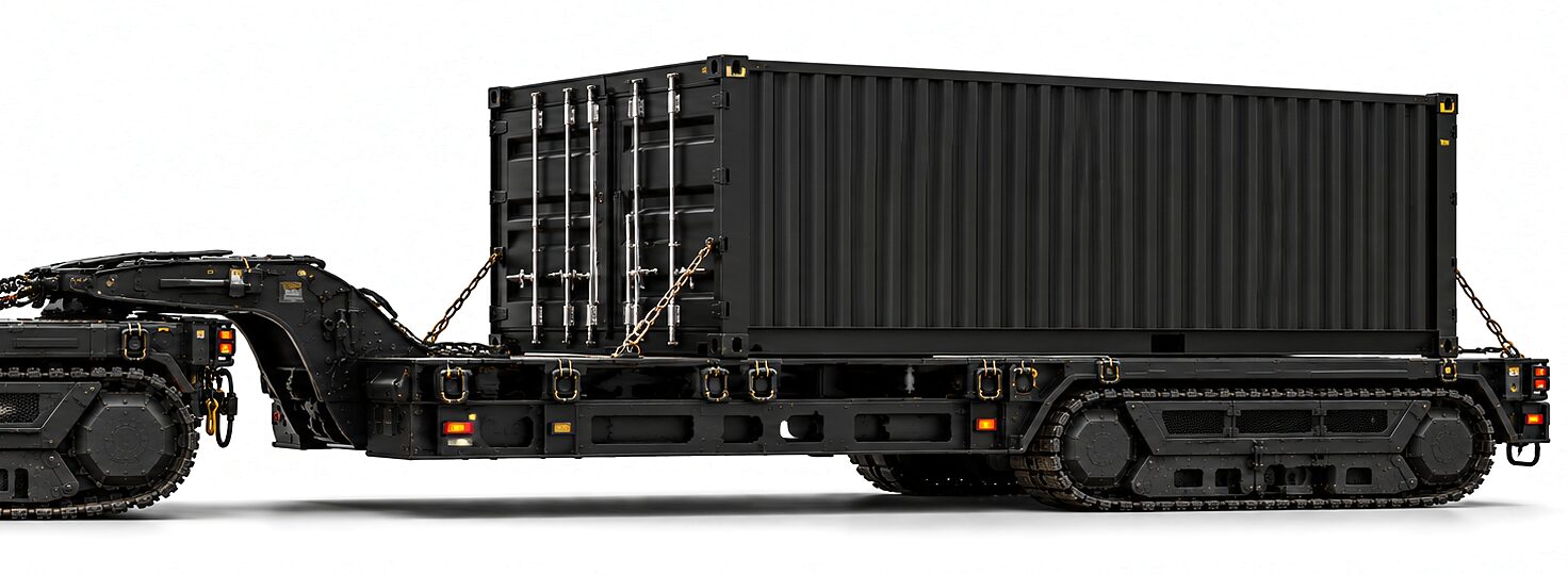 The drop-deck trailer in profile on a plain ground, running on its own track bogie with a plain container chained down along the deck and the gooseneck reaching forward onto the tractor's deck.