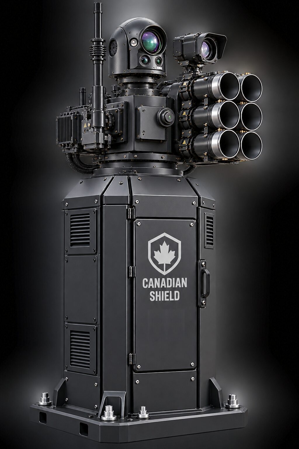 The pedestal mount in three-quarter view on its bolted base plate, the rotating head and its launch pods above the cabinet.