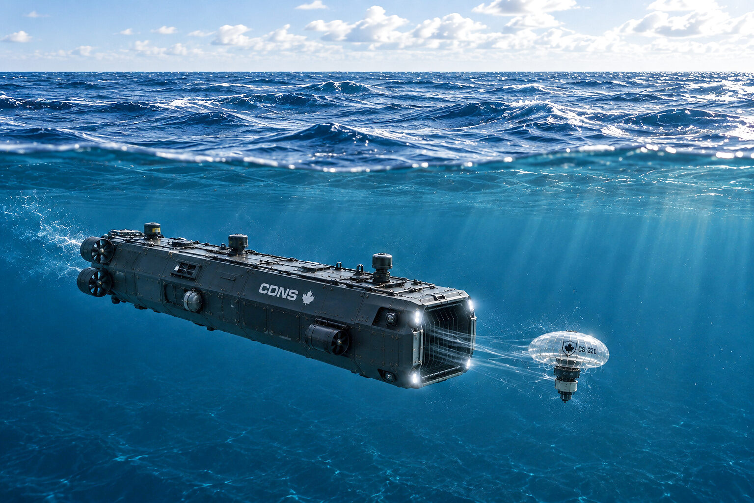 A split waterline in open sea: above, a low swell under a broken cloud line; below, a dark rectangular hull runs through the sunlit water with its forward cage mouth lit, a translucent CS-320 bell just ahead of it.