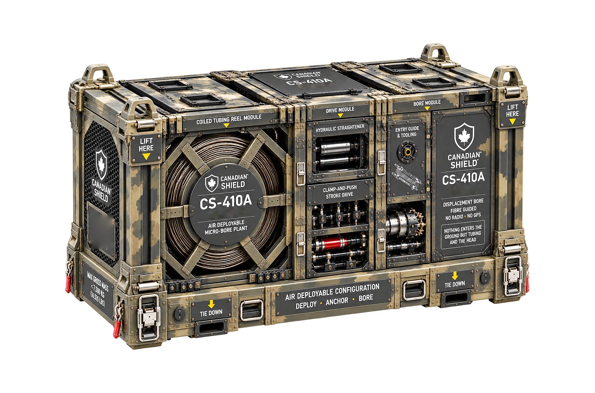 The same CS-410 air-deployable module in a disruptive camouflage finish, its modules labelled across the faces.