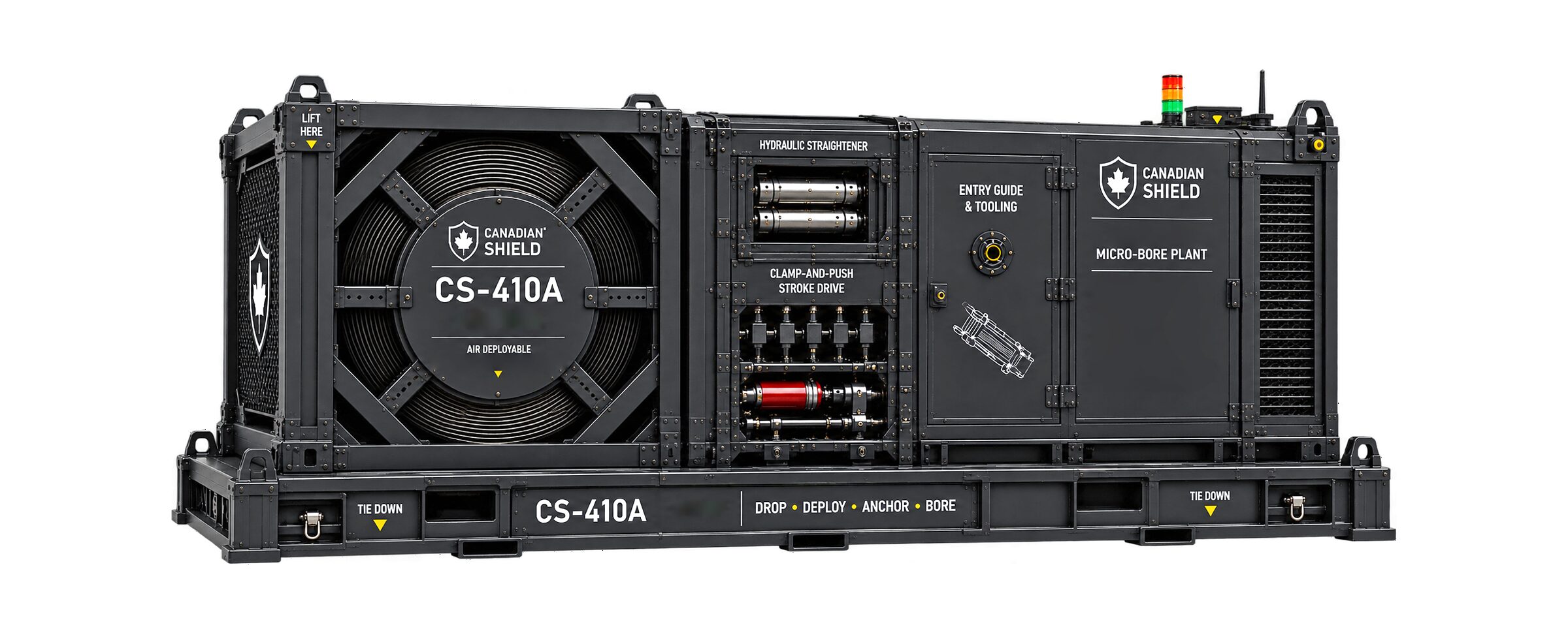 The CS-410 packed as an air-deployable module on its drop frame, with lift points and tie-downs.