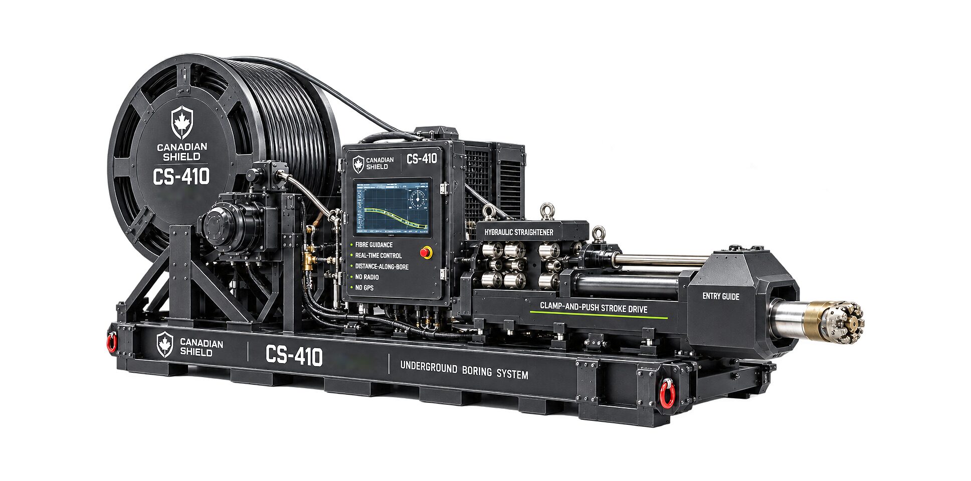 The CS-410 on a rigid skid frame, unclad: reel, console, straightener, stroke drive and entry guide on one base.