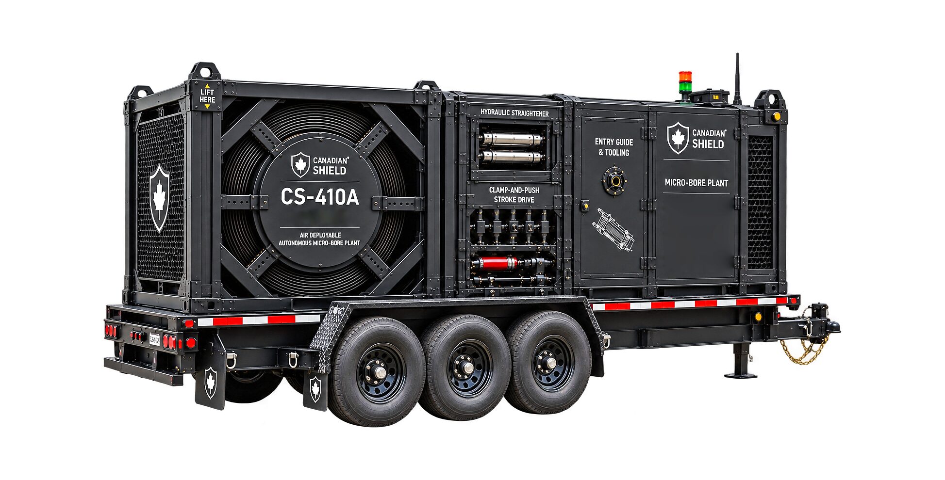 The CS-410 clad as a module on a tri-axle road trailer with a pintle coupler and drop-leg jacks.